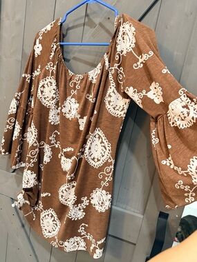 Brown Bell Sleeve Tunic with Cream Medallion Print western style in large